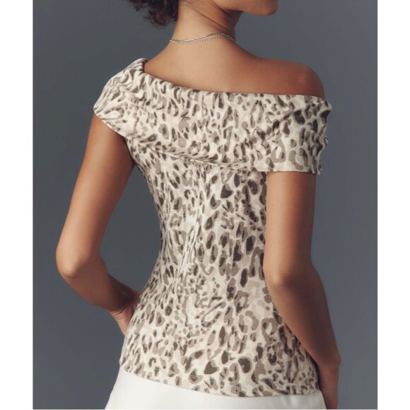 Pilcro Anthropologie Off-The-Shoulder Twist Rib Top Animal Print Size M Brown - Picture 2 of 9